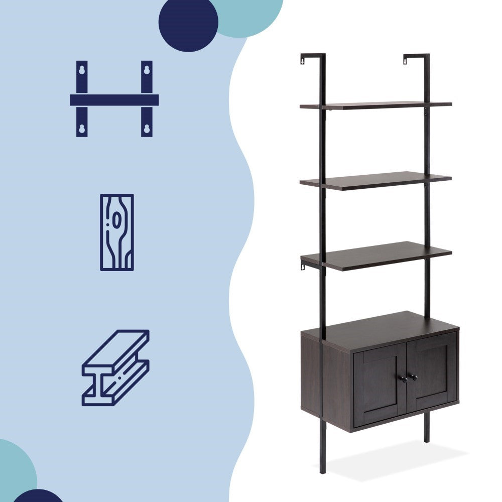 Orianna 72.05" MidCentury Industrial 4-Shelf Wood Wall-Mounted Open Ladder Bookcase with Cabinet and Metal Frame