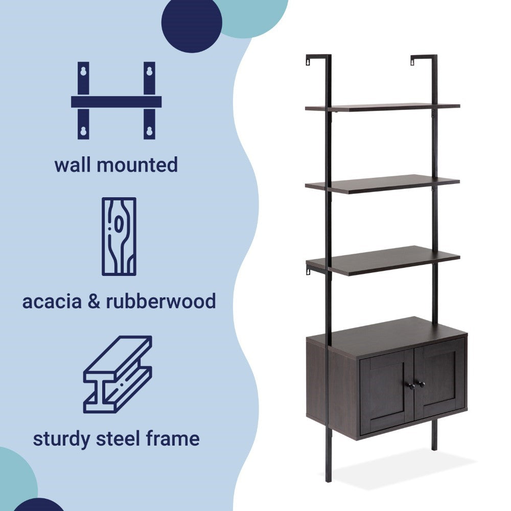 Orianna 72.05" MidCentury Industrial 4-Shelf Wood Wall-Mounted Open Ladder Bookcase with Cabinet and Metal Frame