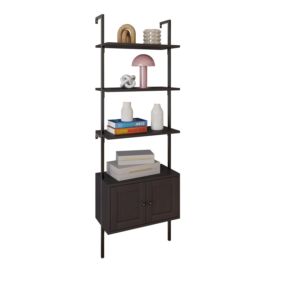 Orianna 72.05" MidCentury Industrial 4-Shelf Wood Wall-Mounted Open Ladder Bookcase with Cabinet and Metal Frame