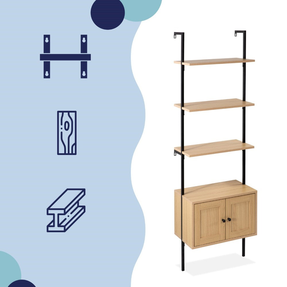 Orianna 72.05" MidCentury Industrial 4-Shelf Wood Wall-Mounted Open Ladder Bookcase with Cabinet and Metal Frame