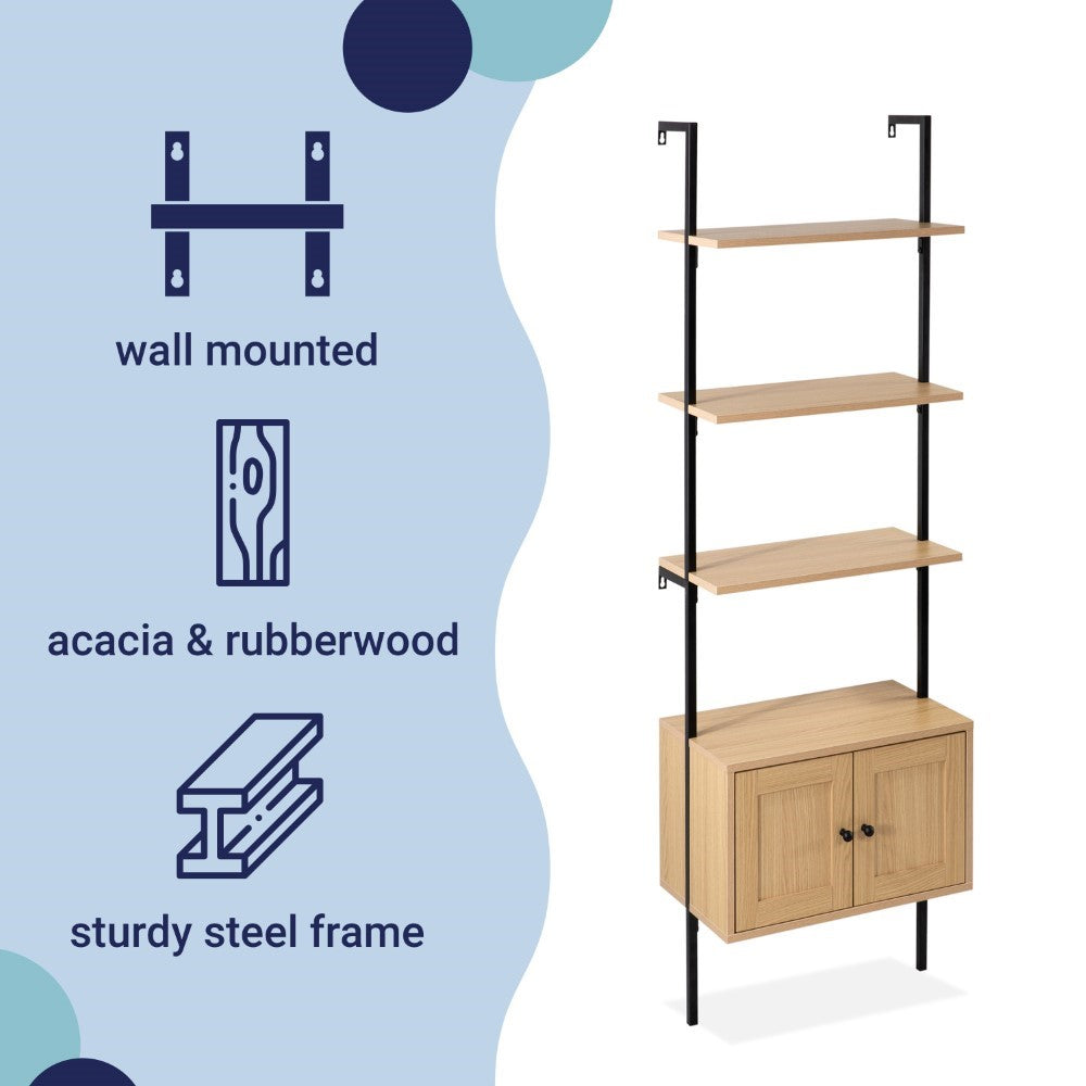 Orianna 72.05" MidCentury Industrial 4-Shelf Wood Wall-Mounted Open Ladder Bookcase with Cabinet and Metal Frame