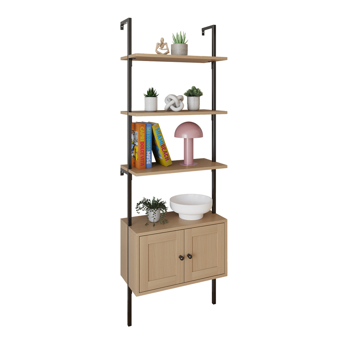 Orianna 72.05" MidCentury Industrial 4-Shelf Wood Wall-Mounted Open Ladder Bookcase with Cabinet and Metal Frame