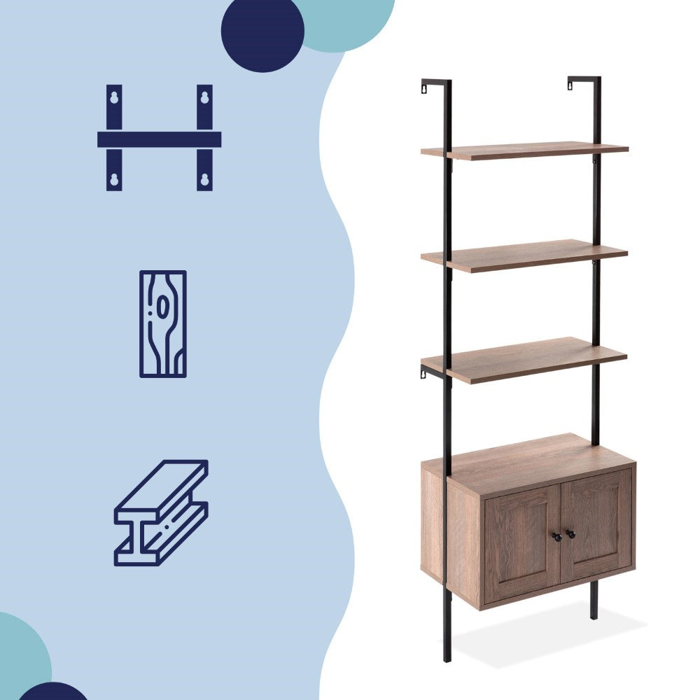 Orianna 72.05" MidCentury Industrial 4-Shelf Wood Wall-Mounted Open Ladder Bookcase with Cabinet and Metal Frame