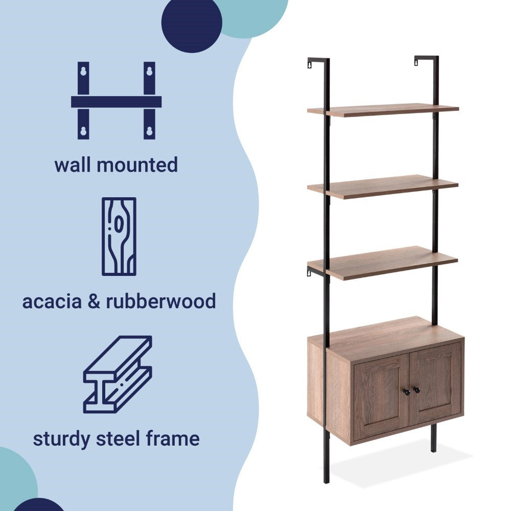 Orianna 72.05" MidCentury Industrial 4-Shelf Wood Wall-Mounted Open Ladder Bookcase with Cabinet and Metal Frame