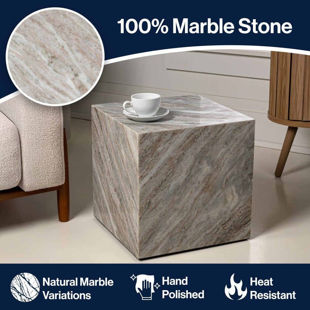 Erosia 15" Contemporary Natural Marble Handmade Cube End Table