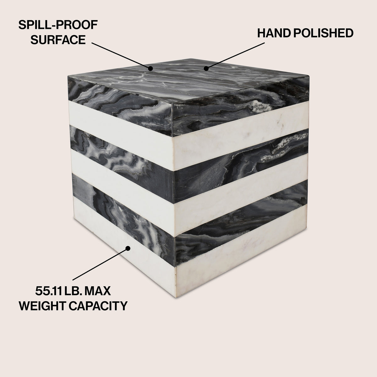 Erosia 15" Contemporary Natural Marble Handmade Cube End Table