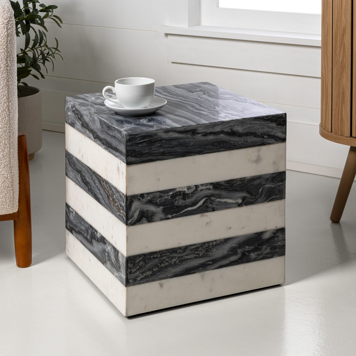 Erosia 15" Contemporary Natural Marble Handmade Cube End Table
