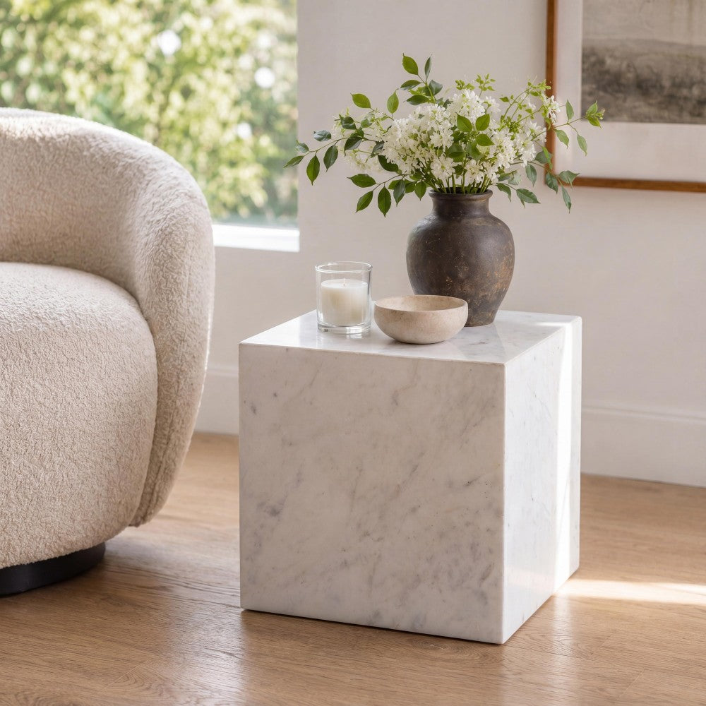 Erosia 15" Contemporary Natural Marble Handmade Cube End Table