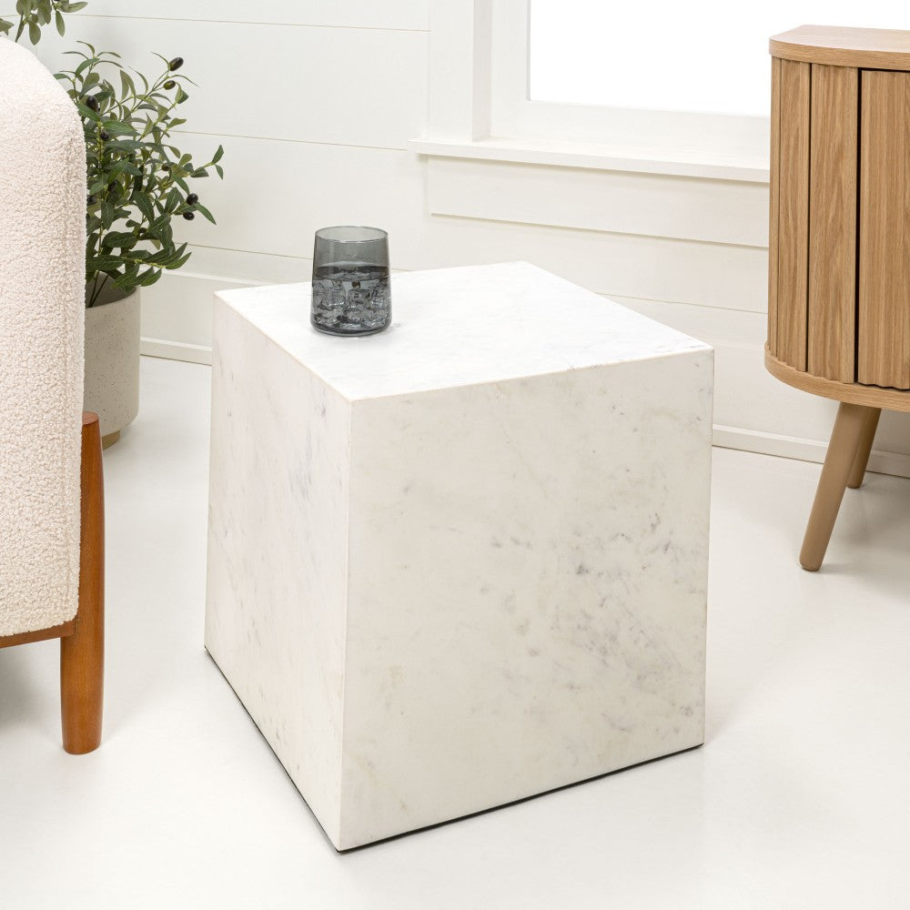 Erosia 15" Contemporary Natural Marble Handmade Cube End Table