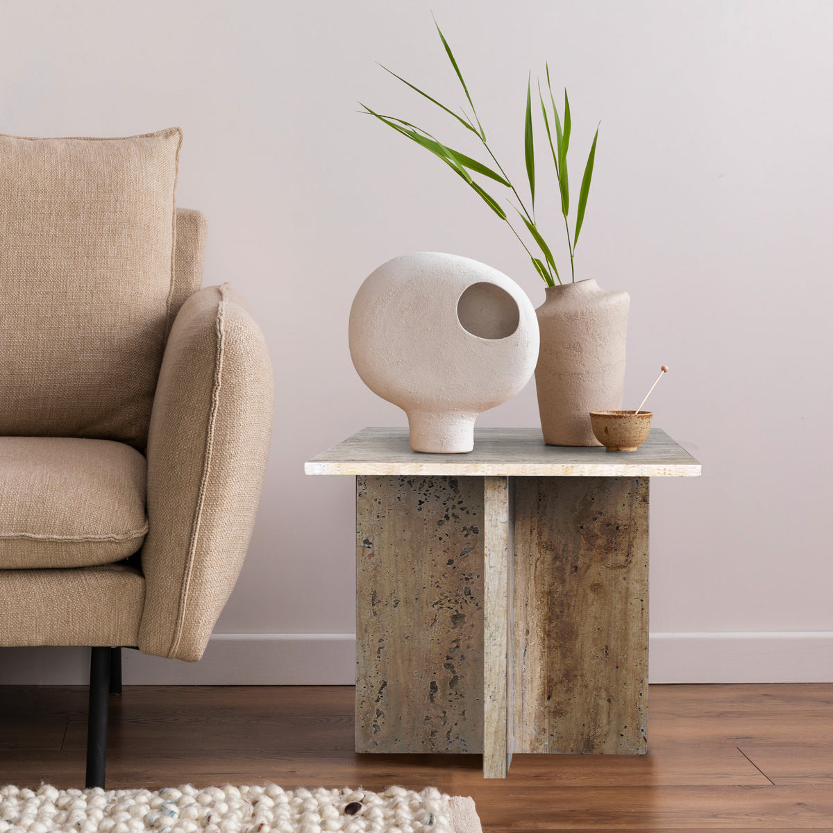 Stone 18.5" Contemporary Natural Marble Handmade T-Shaped End Table