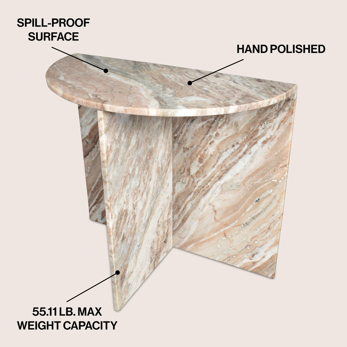 Yarrow 20" Art Deco Minimalist Natural Marble Handmade Demilune Side Table