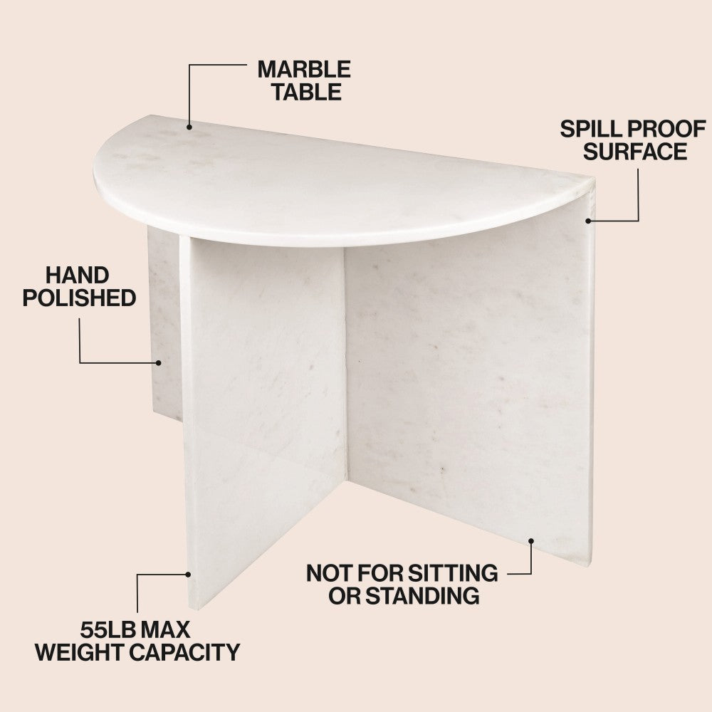 Yarrow 20" Art Deco Minimalist Natural Marble Handmade Demilune Side Table