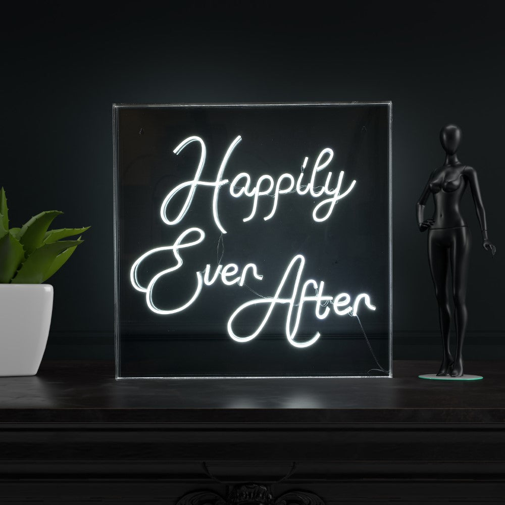 HAPPILY Ever After Square Contemporary Glam Acrylic Box USB Operated LED Neon Light