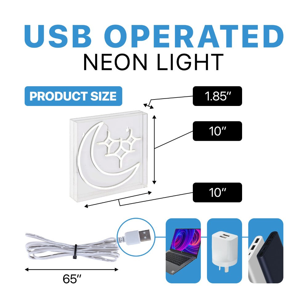 make Starry Crescent Square Contemporary Glam Acrylic Box USB Operated LED Neon Light