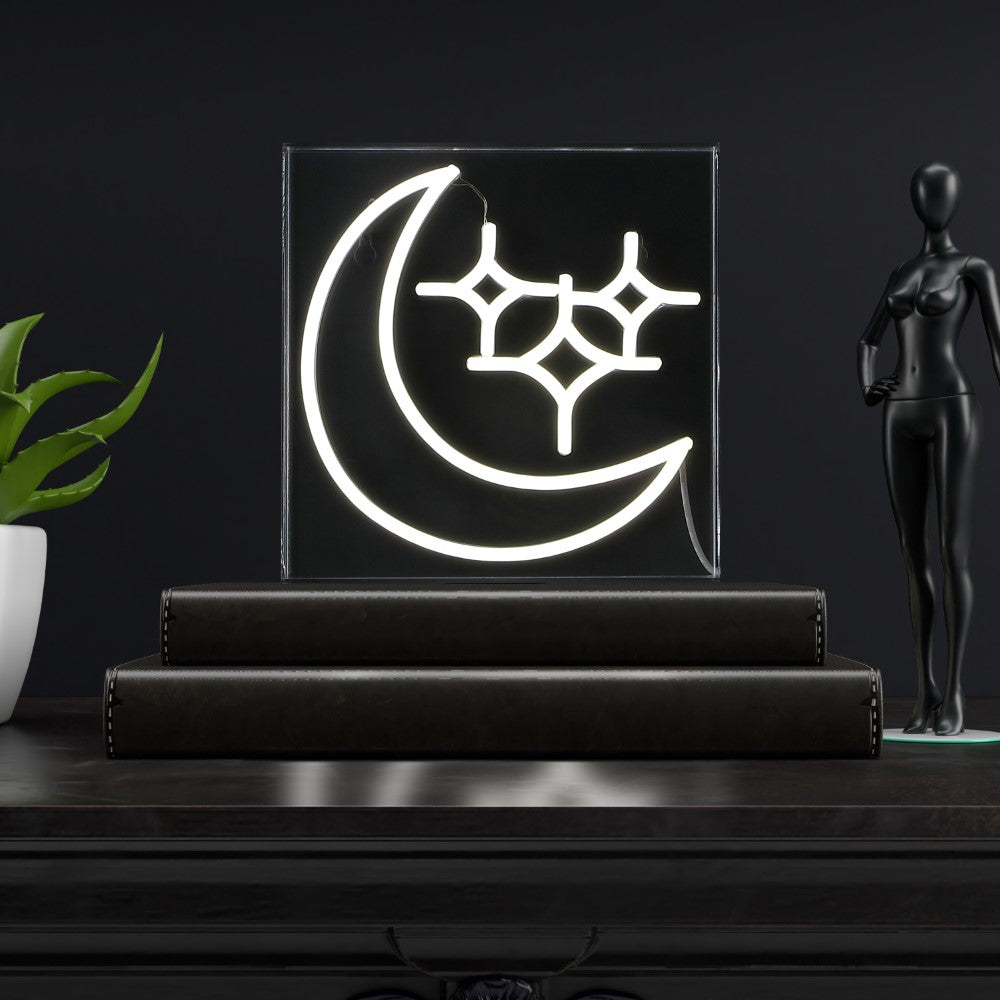 make Starry Crescent Square Contemporary Glam Acrylic Box USB Operated LED Neon Light