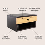 Laurel 15.71" Mid-Century Modern Floating Wall Mounted Nightstand with Soft-Close Rattan Drawer and Cable Hole