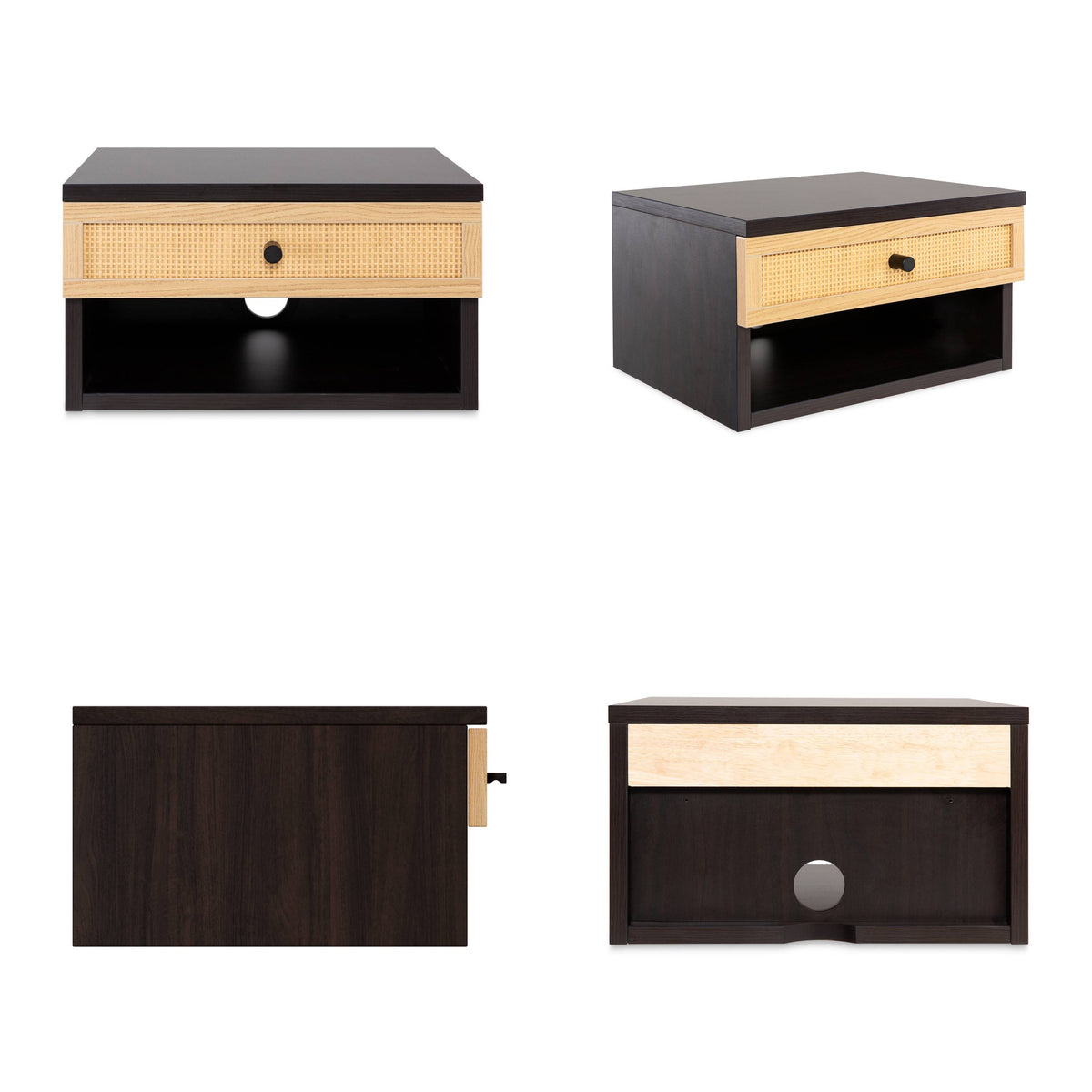 Laurel 15.71" Mid-Century Modern Floating Wall Mounted Nightstand with Soft-Close Rattan Drawer and Cable Hole