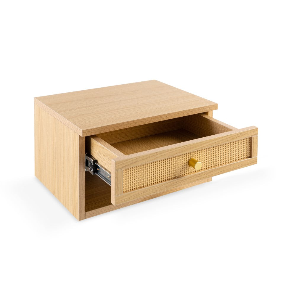 Laurel 15.71" Mid-Century Modern Floating Wall Mounted Nightstand with Soft-Close Rattan Drawer and Cable Hole