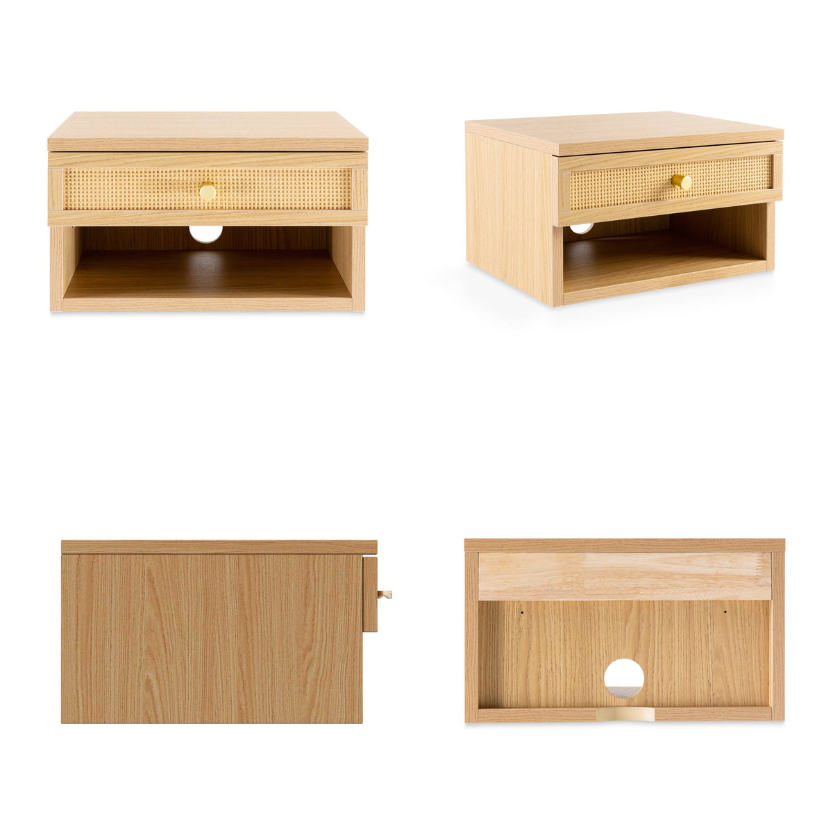 Laurel 15.71" Mid-Century Modern Floating Wall Mounted Nightstand with Soft-Close Rattan Drawer and Cable Hole