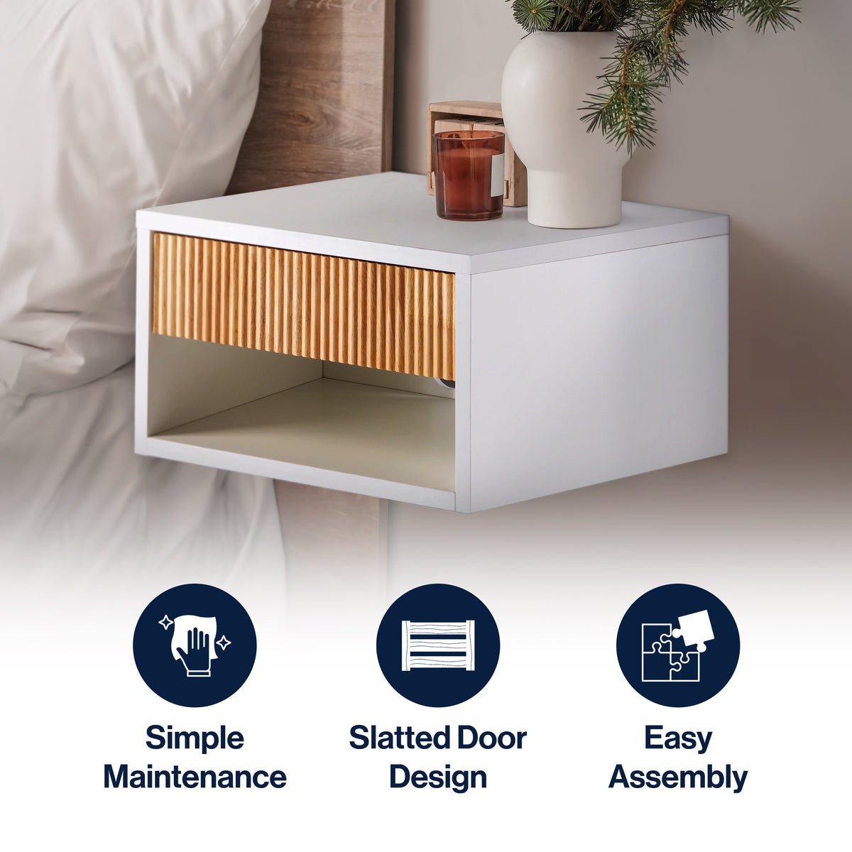 Cepee  15.71" Classic Contemporary Floating Wall Mounted Nightstand with Soft-Close Tambour Drawer and Cable Hole