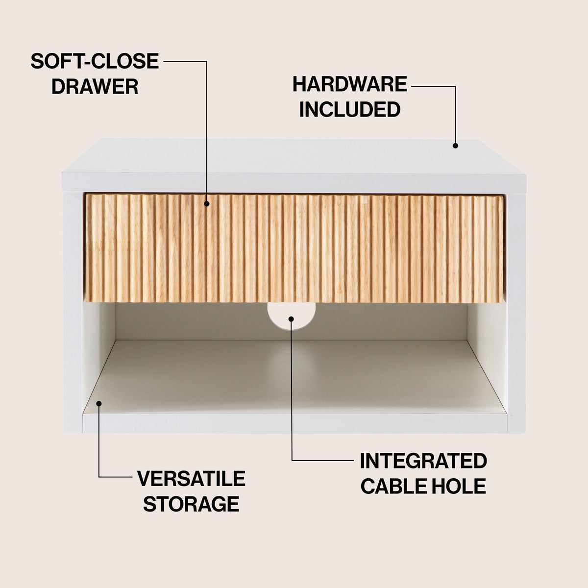 Cepee  15.71" Classic Contemporary Floating Wall Mounted Nightstand with Soft-Close Tambour Drawer and Cable Hole