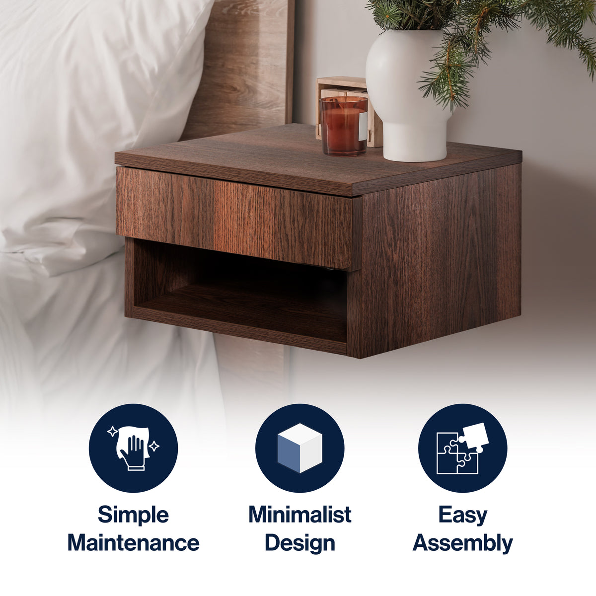 Jdav 15.71" Mid-Century Modern Floating Wall Mounted Nightstand with Soft-Close Drawer and Cable Hole