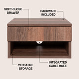 Jdav 15.71" Mid-Century Modern Floating Wall Mounted Nightstand with Soft-Close Drawer and Cable Hole