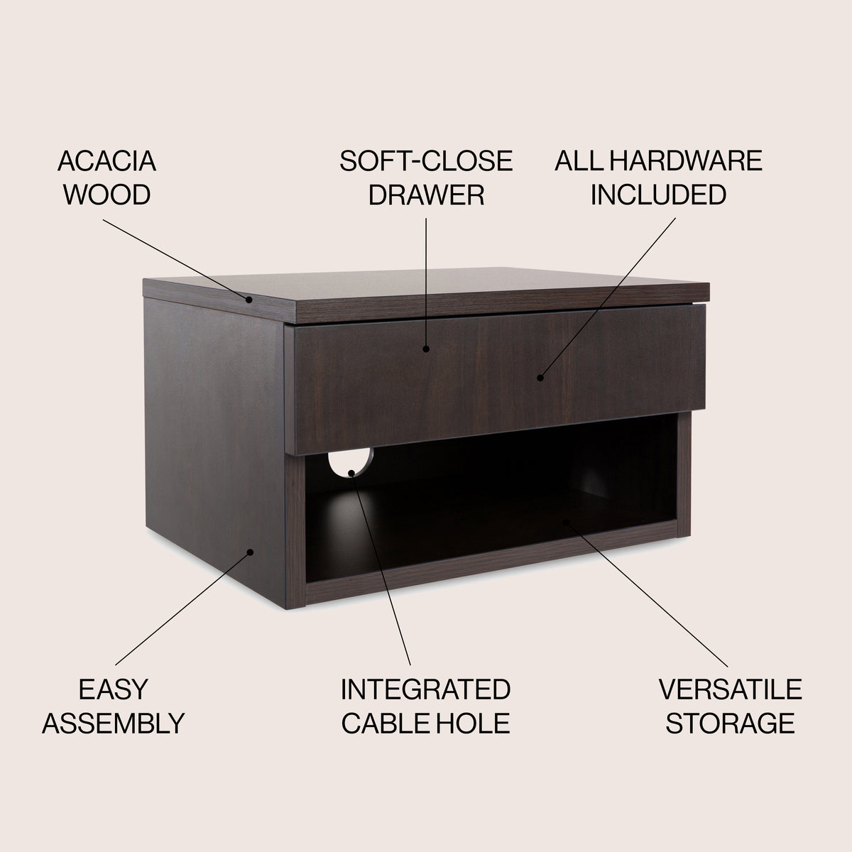 Jdav 15.71" Mid-Century Modern Floating Wall Mounted Nightstand with Soft-Close Drawer and Cable Hole
