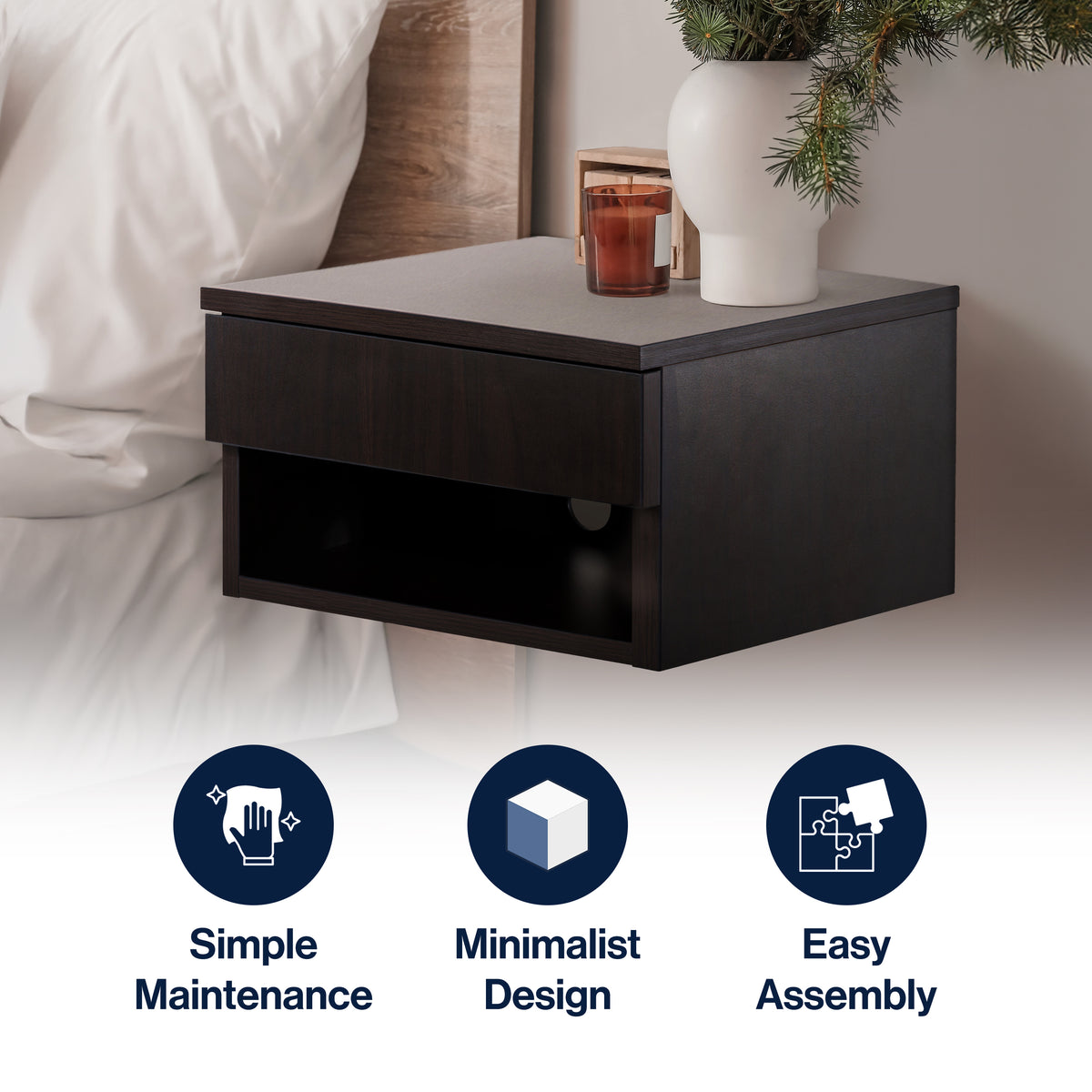Jdav 15.71" Mid-Century Modern Floating Wall Mounted Nightstand with Soft-Close Drawer and Cable Hole