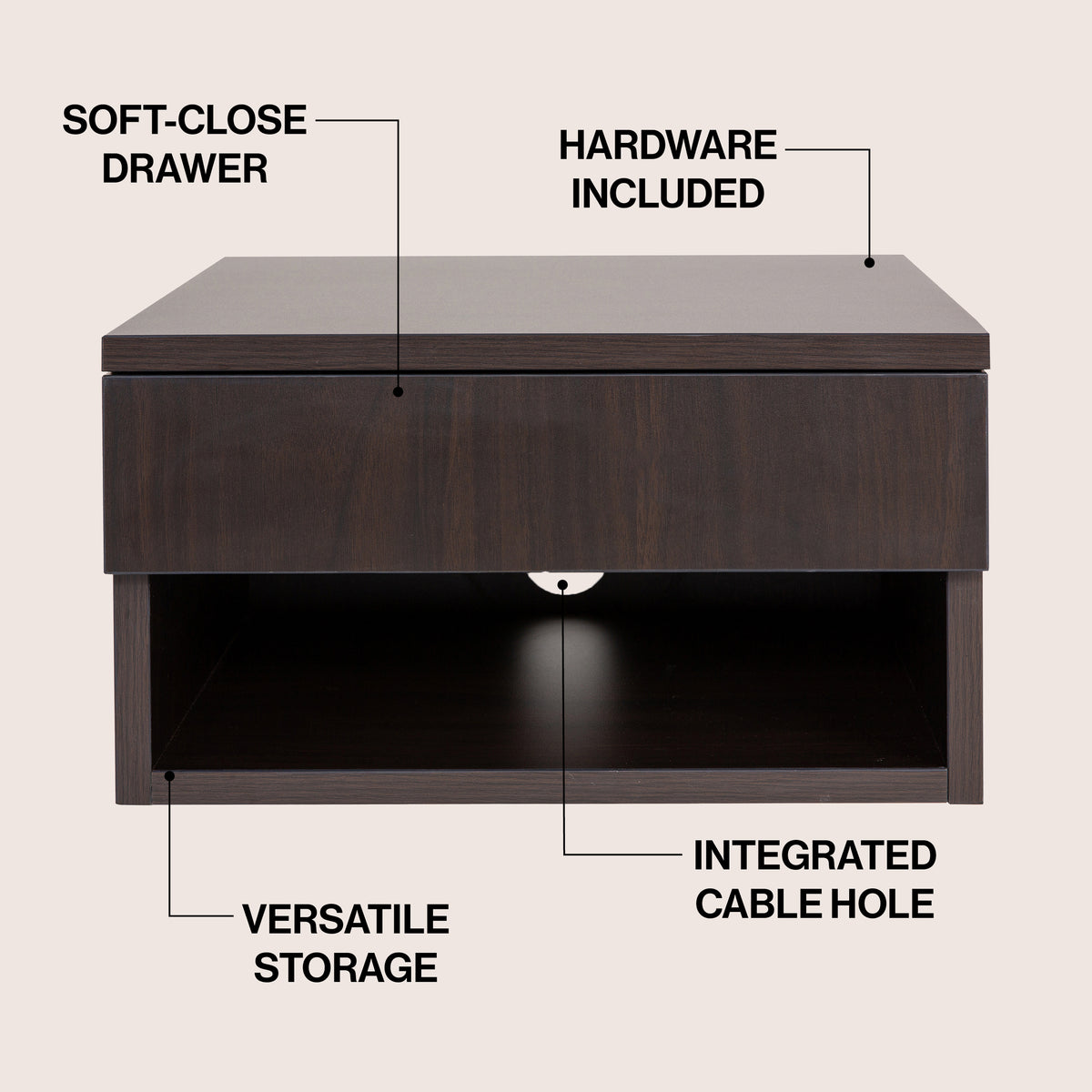 Jdav 15.71" Mid-Century Modern Floating Wall Mounted Nightstand with Soft-Close Drawer and Cable Hole