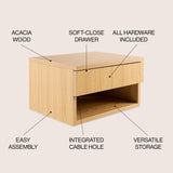 Jdav 15.71" Mid-Century Modern Floating Wall Mounted Nightstand with Soft-Close Drawer and Cable Hole