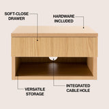 Jdav 15.71" Mid-Century Modern Floating Wall Mounted Nightstand with Soft-Close Drawer and Cable Hole