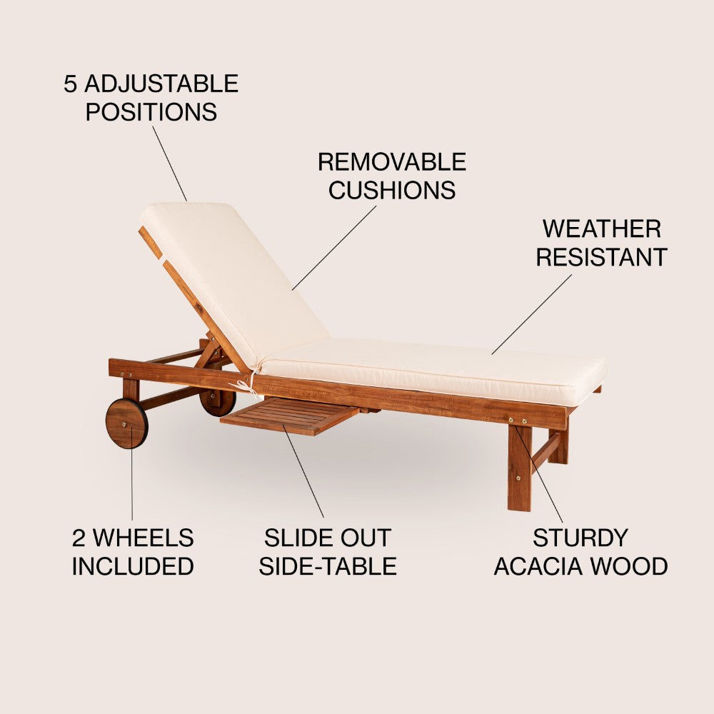Skido Outdoor Acacia Wood Lounger with Cushion, 5-Position Back, Slide Table & Wheels