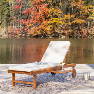 Skido Outdoor Acacia Wood Lounger with Cushion, 5-Position Back, Slide Table & Wheels
