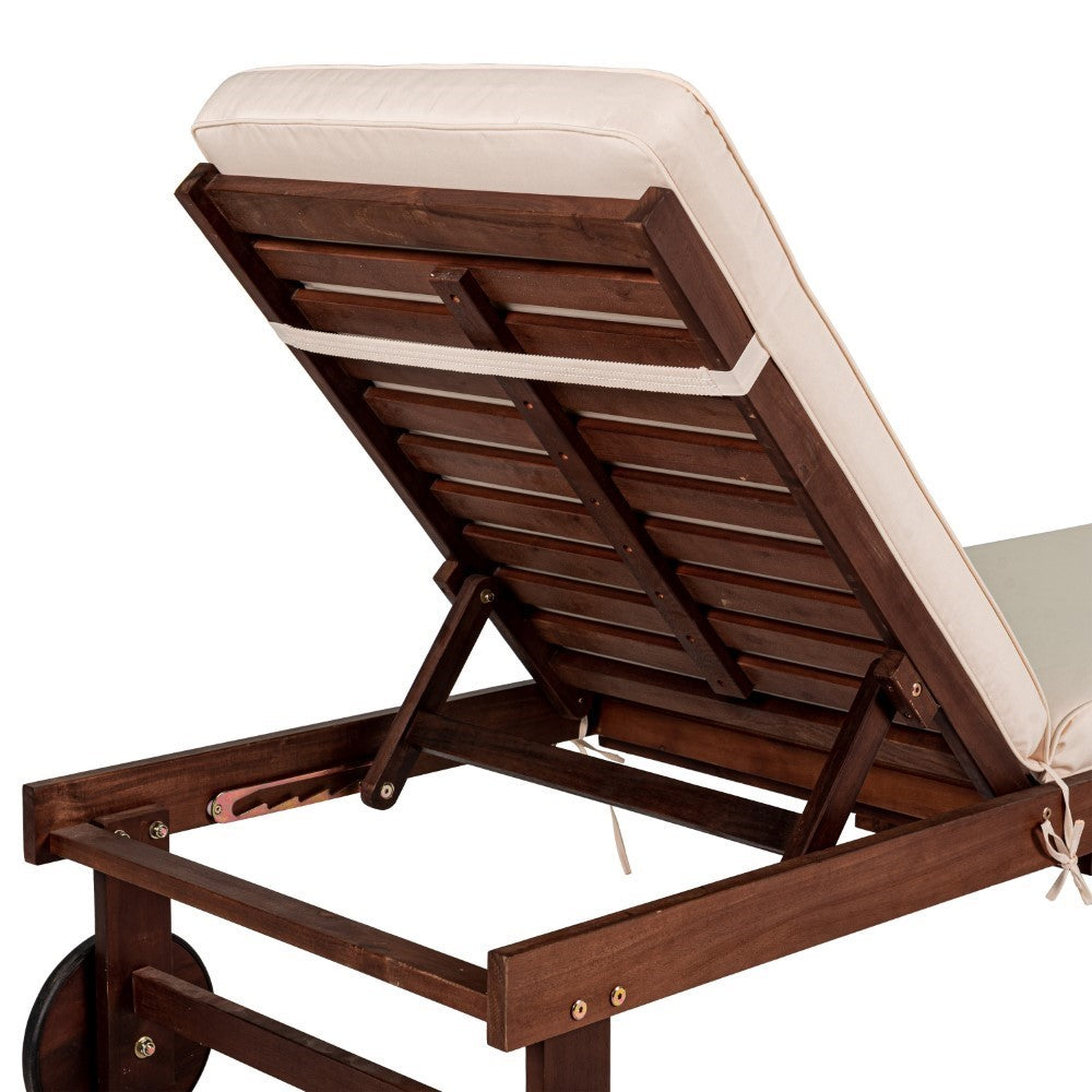 Skido Outdoor Acacia Wood Lounger with Cushion, 5-Position Back, Slide Table & Wheels