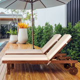 Skido Outdoor Acacia Wood Lounger with Cushion, 5-Position Back, Slide Table & Wheels