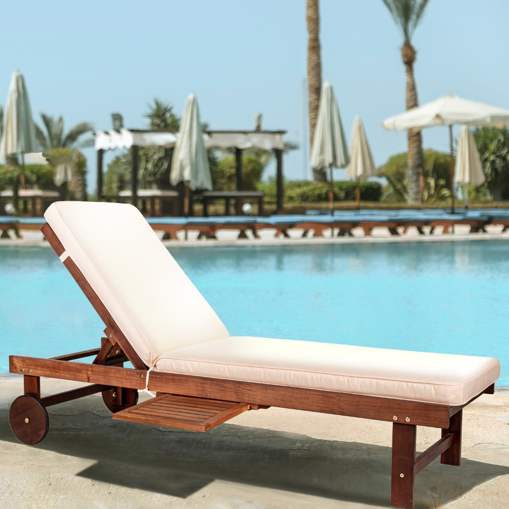Skido Outdoor Acacia Wood Lounger with Cushion, 5-Position Back, Slide Table & Wheels