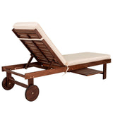 Skido Outdoor Acacia Wood Lounger with Cushion, 5-Position Back, Slide Table & Wheels