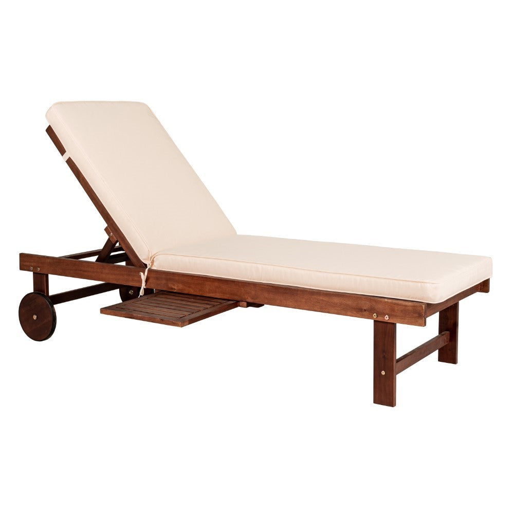 Skido Outdoor Acacia Wood Lounger with Cushion, 5-Position Back, Slide Table & Wheels