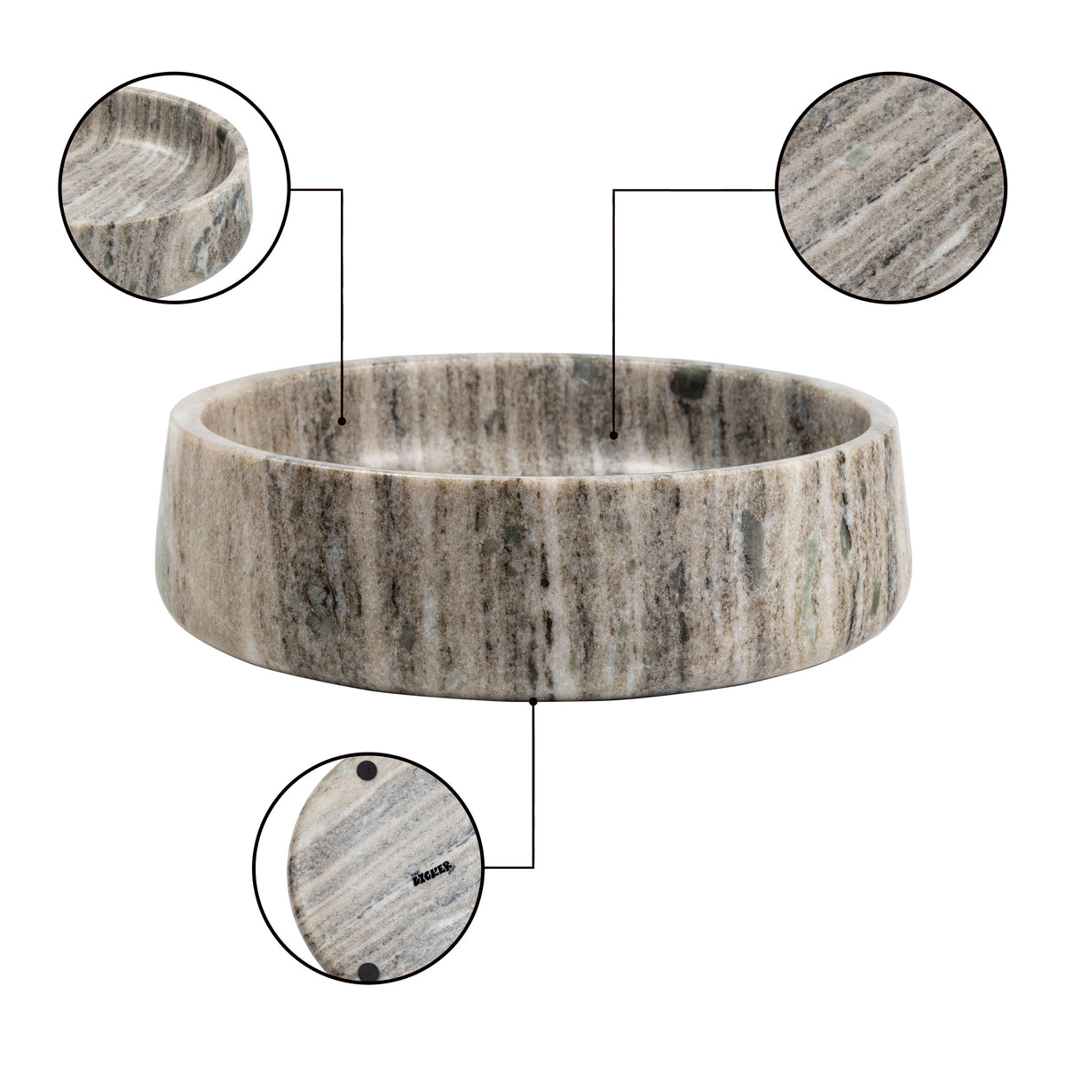 Laurel 9 in. Contemporary Round Heavyweight Solid Marble with Non-Slip Base Pet Food and Water Bowl - Gray/Brown
