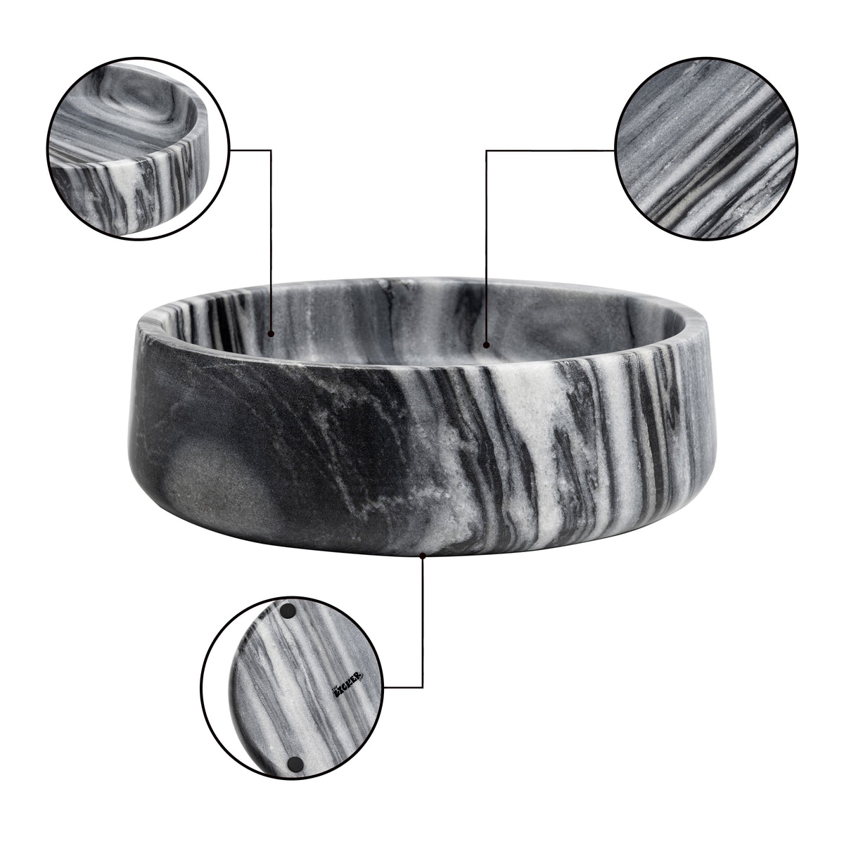 Laurel 9 in. Contemporary Round Heavyweight Solid Marble with Non-Slip Base Pet Food and Water Bowl - Black/White