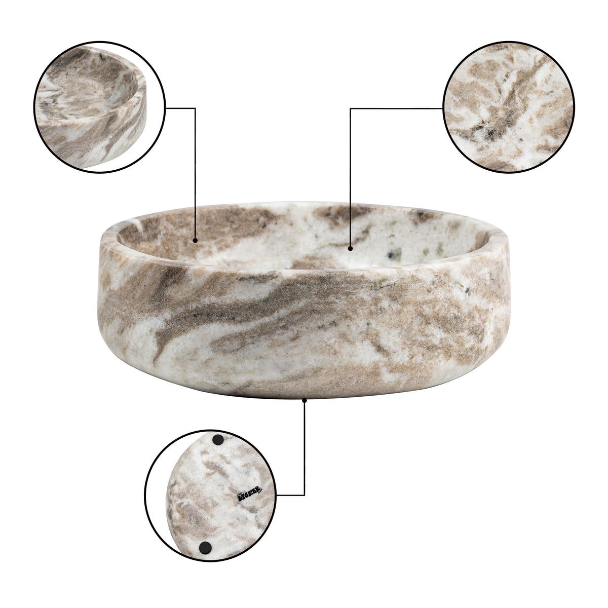 Laurel 9 in. Contemporary Round Heavyweight Solid Marble with Non-Slip Base Pet Food and Water Bowl - Beige/Gray