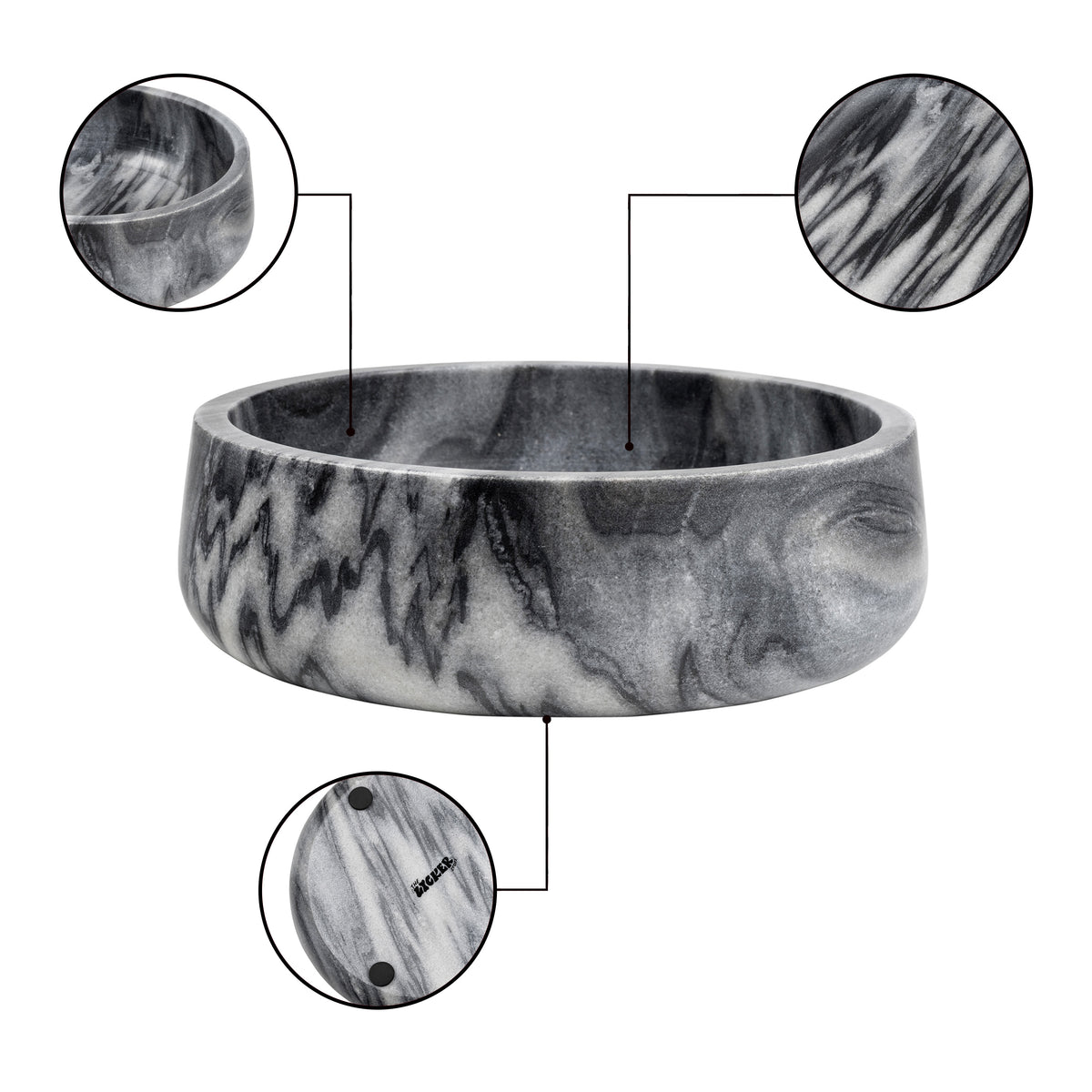 Laurel 7.5 in. Contemporary Round Heavyweight Solid Marble with Non-Slip Base Pet Food and Water Bowl - Black/White