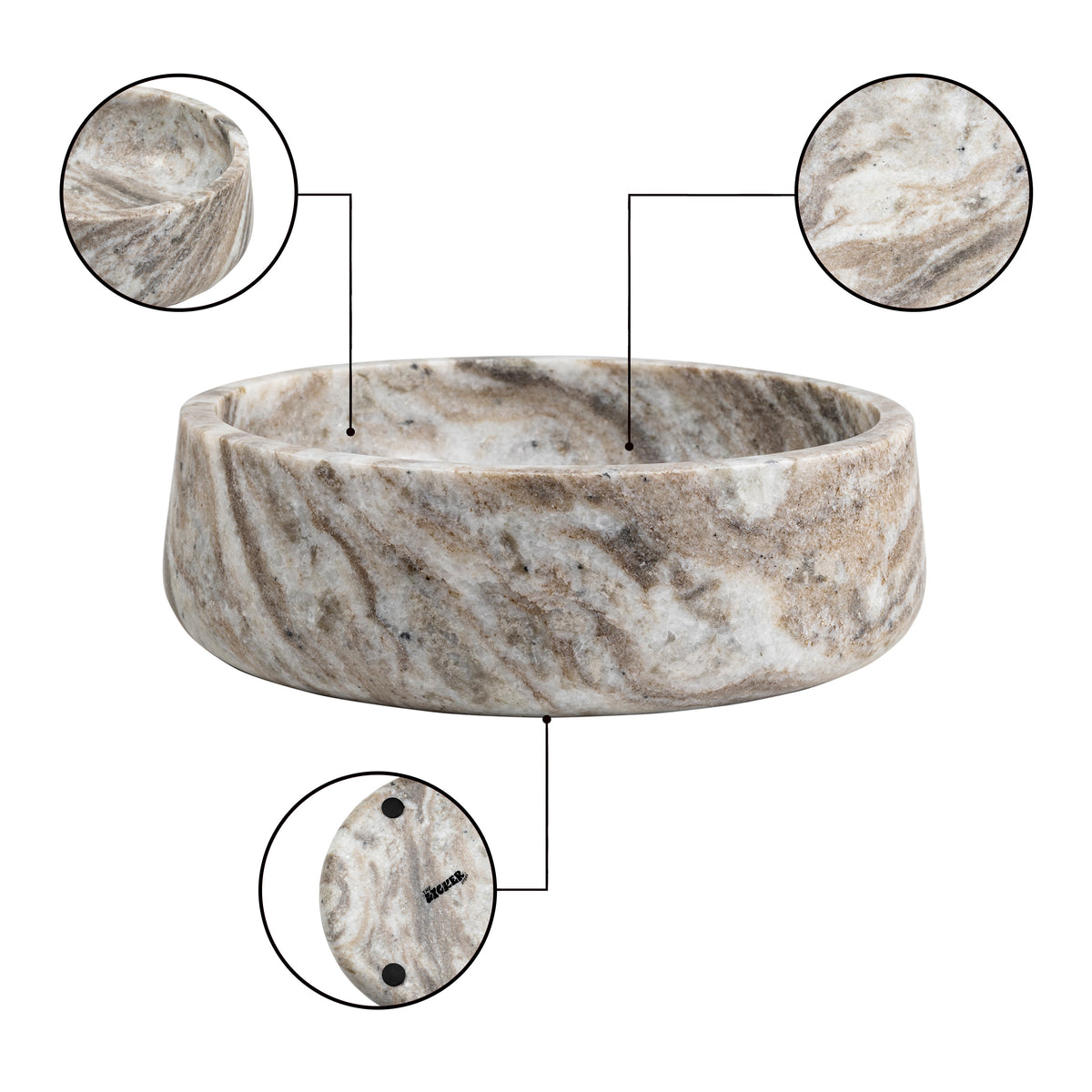 Laurel 7.5 in. Contemporary Round Heavyweight Solid Marble with Non-Slip Base Pet Food and Water Bowl - Beige/Gray