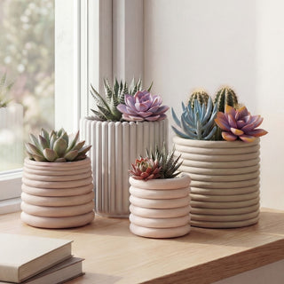 Veyra Modern Minimalist Handmade Concrete Fluted Sculptural Cylinder Planter Set with Drainage Holes