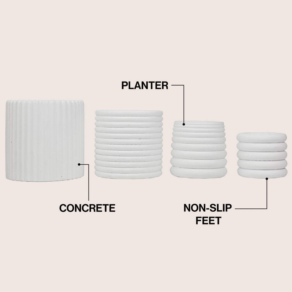 Veyra Modern Minimalist Handmade Concrete Fluted Sculptural Cylinder Planter Set with Drainage Holes