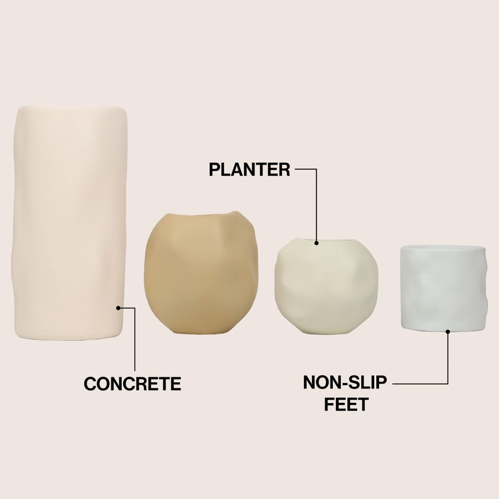 Arvo Modern Minimalist Handmade Concrete Organic Sculptural Cylinder and Round Planter Set with Drainage Holes