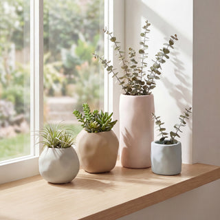 Arvo Modern Minimalist Handmade Concrete Organic Sculptural Cylinder and Round Planter Set with Drainage Holes