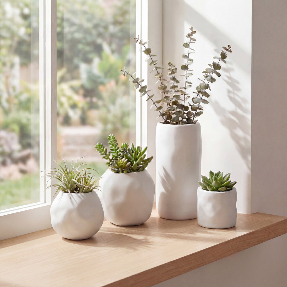 Arvo Modern Minimalist Handmade Concrete Organic Sculptural Cylinder and Round Planter Set with Drainage Holes