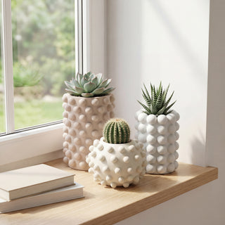 Nyra Modern Minimalist Handmade Concrete Bubble Cylinder and Round Planter Set